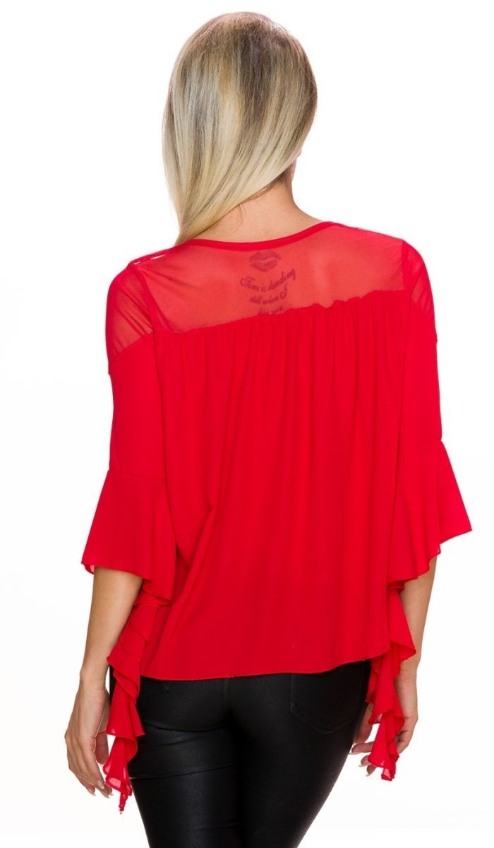 Ausgefallenes Langarmshirt mit Mesh-Einsatz und Perlenverzierung - rot