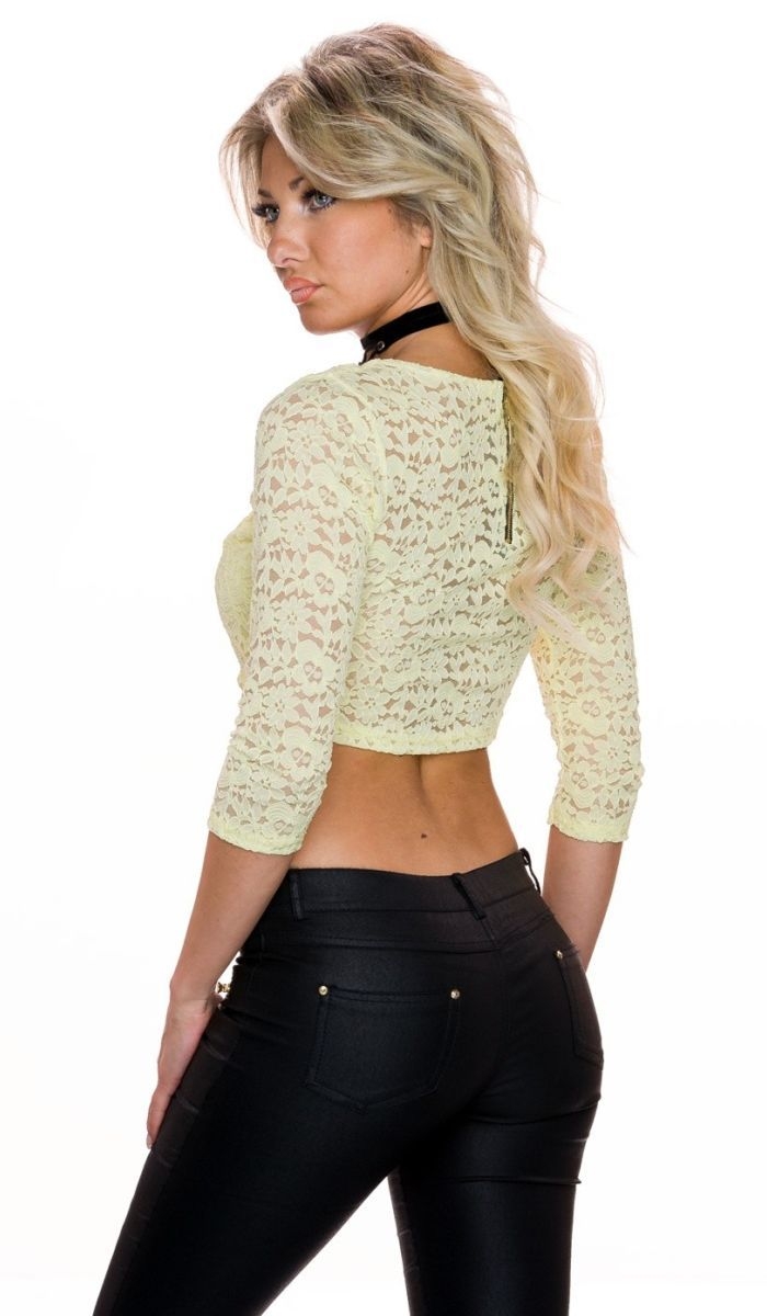 Bauchfreies Crop-Top mit floralem Muster - gelb