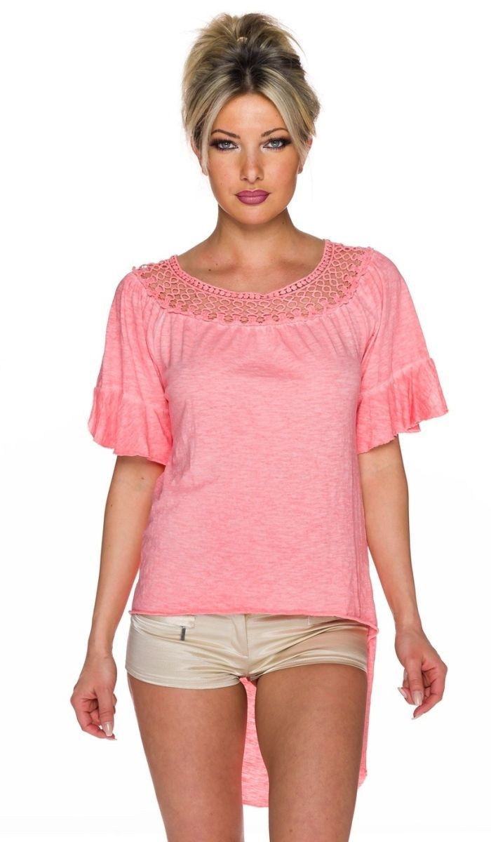 Aufregendes Vokuhila-Top im Destroyed-Look mit Häkelspitzenrand - lachs