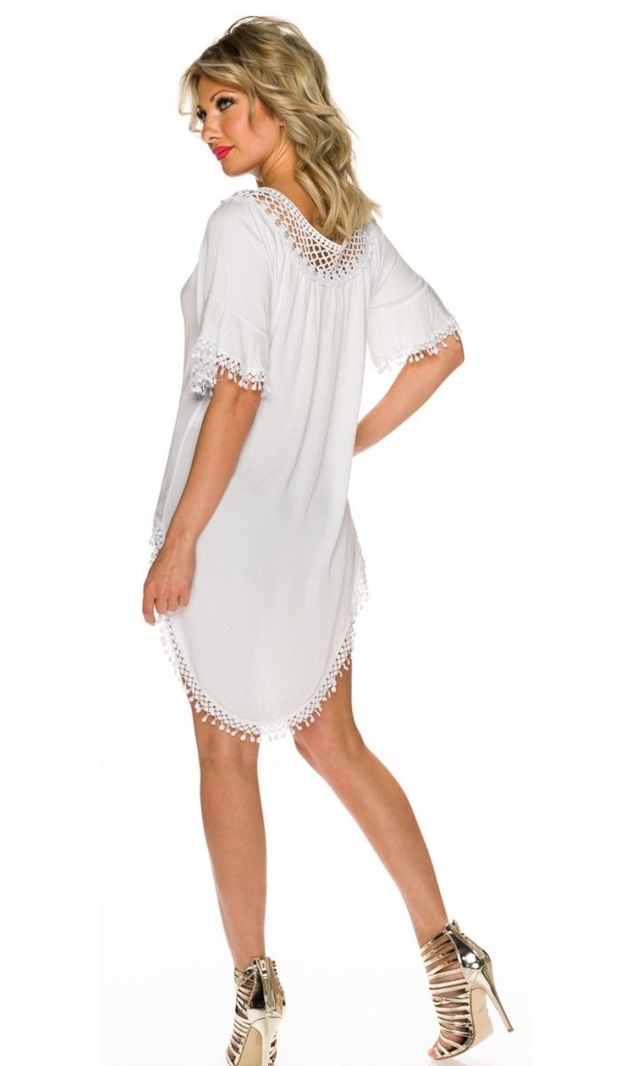 Modernes High/Low Shirt mit Spitzen-Verzierung - weiß