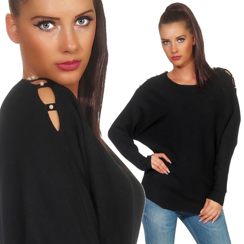 Fledermaus-Pullover mit Cut Outs und Perlen-Applikation in schwarz