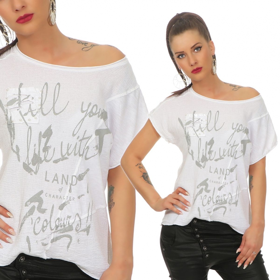 Legeres Oversize Shirt im Patchwork-Design - weiß