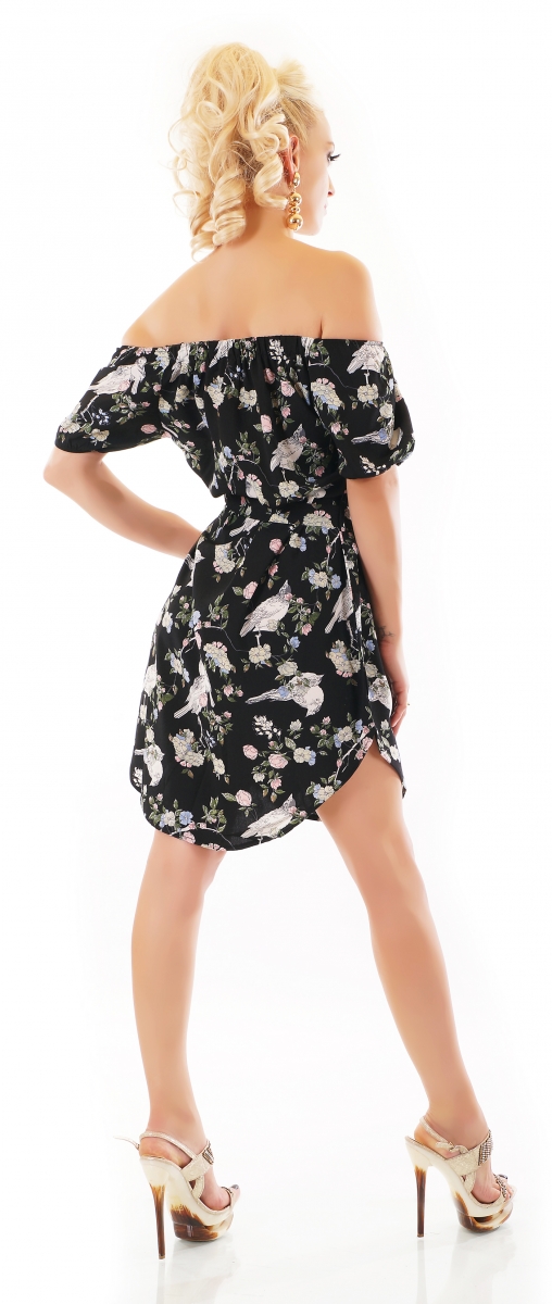 Süßes Blümchen Minikleid mit Carmen-Ausschnitt - schwarz