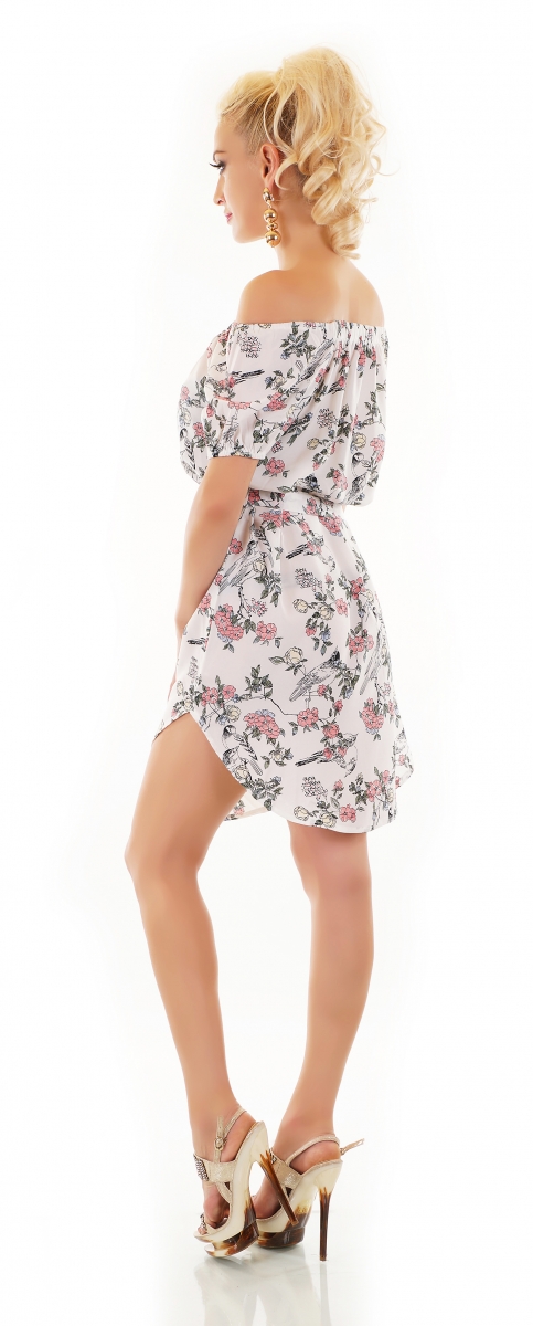 Süßes Blümchen Minikleid mit Carmen-Ausschnitt - weiß