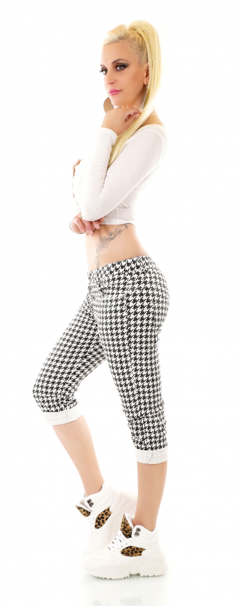 Capri-Jeans mit aufgesetzter Knopfleiste und Hahnentritt-Muster - weiß/schwarz