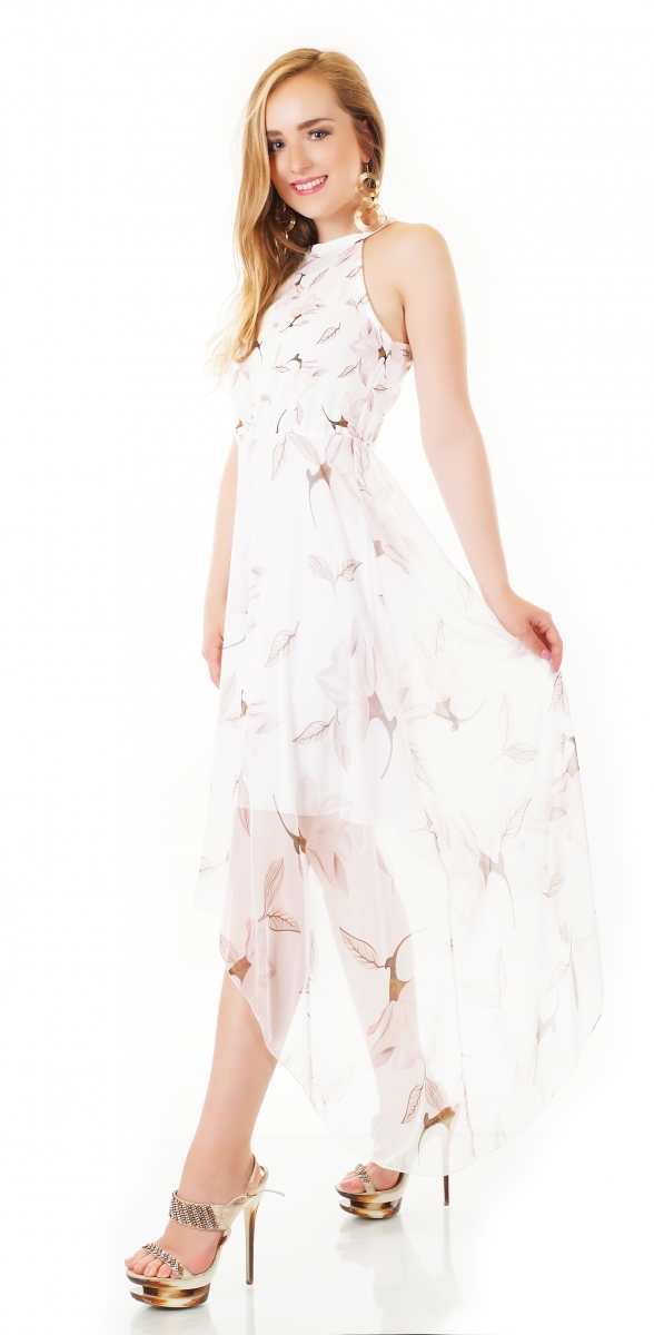 Asymetrisches Vokuhila-Kleid mit Blüten-Prints in weiß