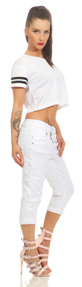 Capri-Jeans mit diagonaler Knopfleiste in weiß