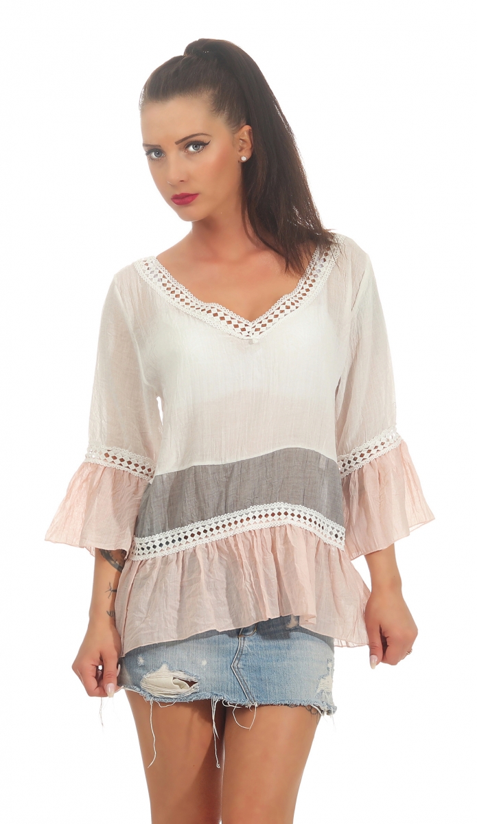 Tunika Shirt mit süssen Spitzen-Bordüren in rosa / weiß