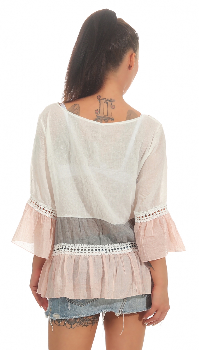 Tunika Shirt mit süssen Spitzen-Bordüren in rosa / weiß