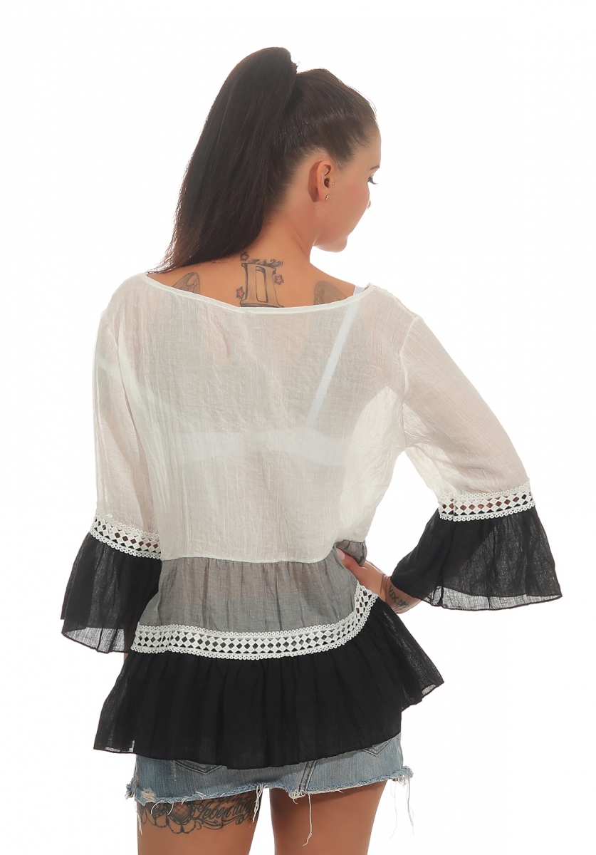 Tunika Shirt mit süssen Spitzen-Bordüren in schwarz / weiß
