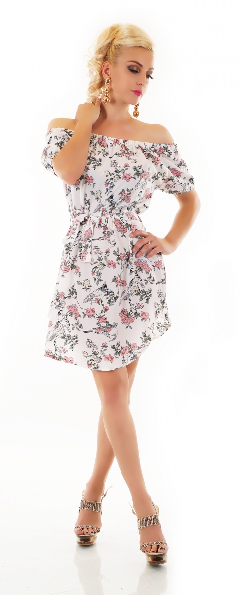 Süßes Blümchen Minikleid mit Carmen-Ausschnitt - weiß