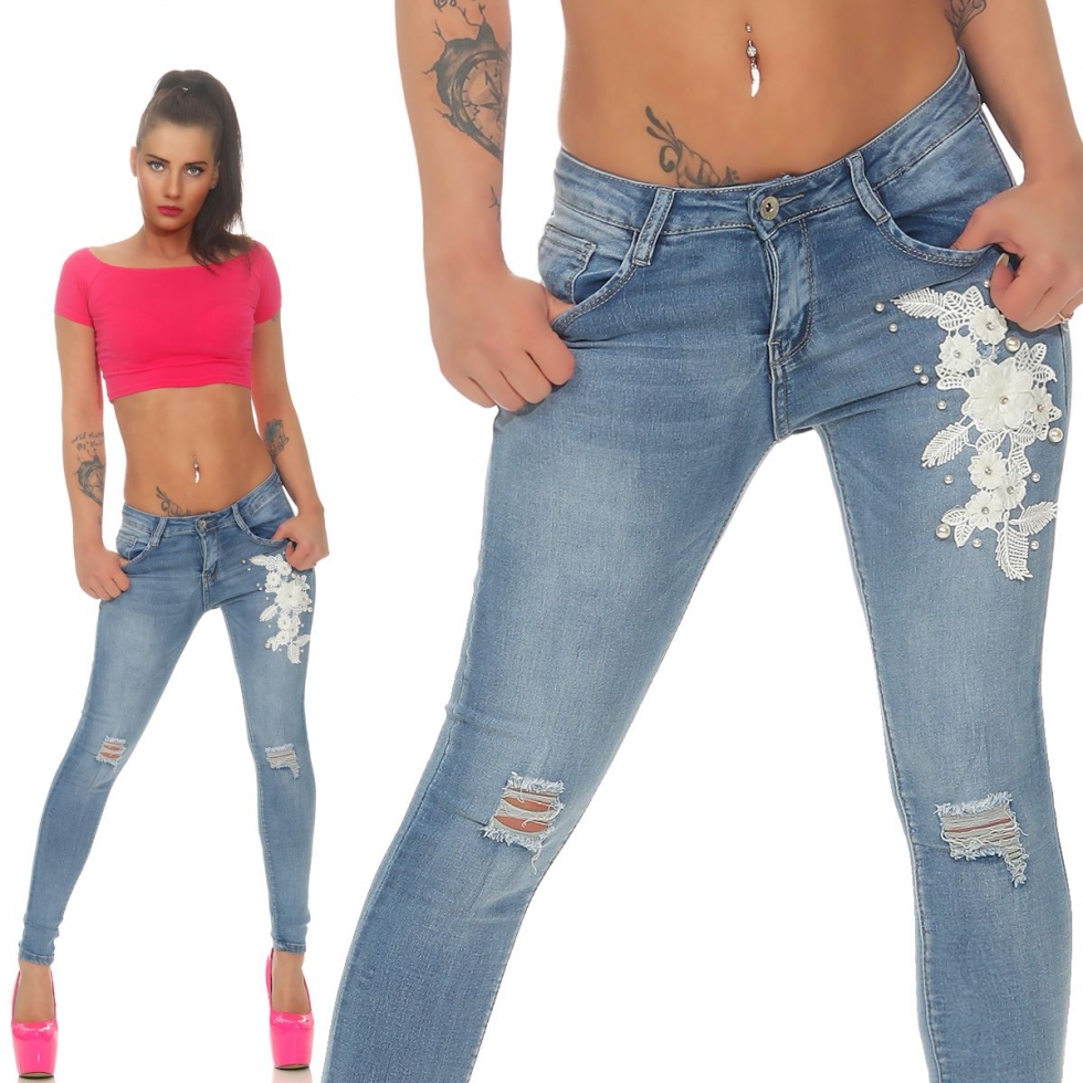 Süsse Skinny Jeans im Used-Look mit Stickerei und Schmuckperlen - light blue