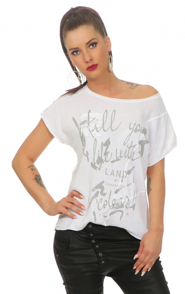 Legeres Oversize Shirt im Patchwork-Design - weiß