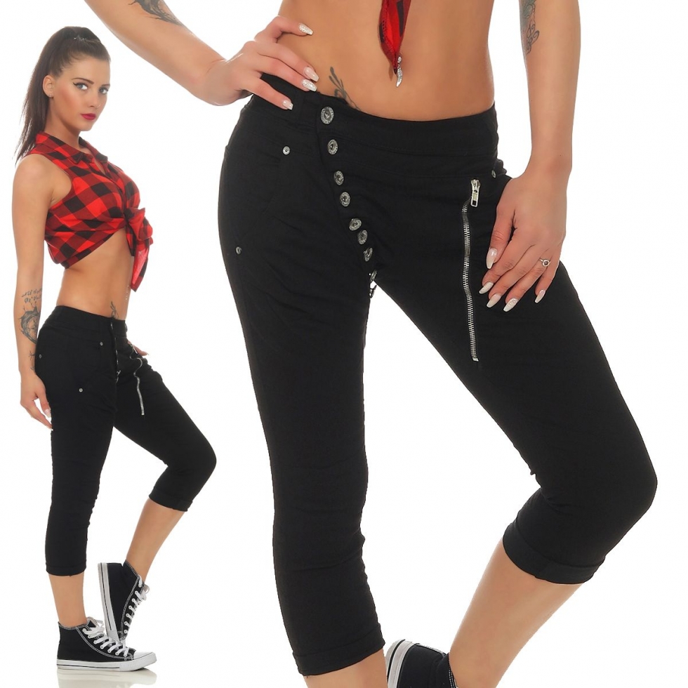 Capri-Jeans mit diagonaler Knopfleiste und Zipper in schwarz