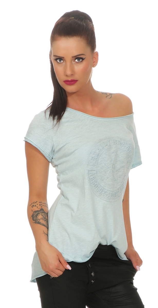 Meliertes Used-Longshirt mit Stern-Beflockung - angelblue