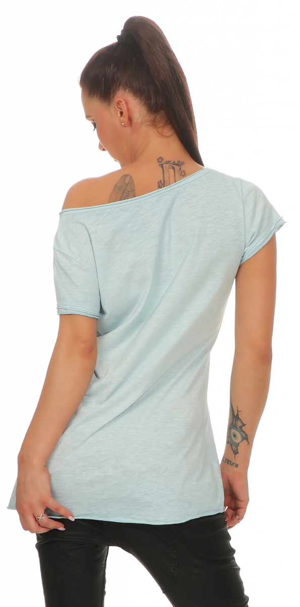 Meliertes Used-Longshirt mit Stern-Beflockung - angelblue