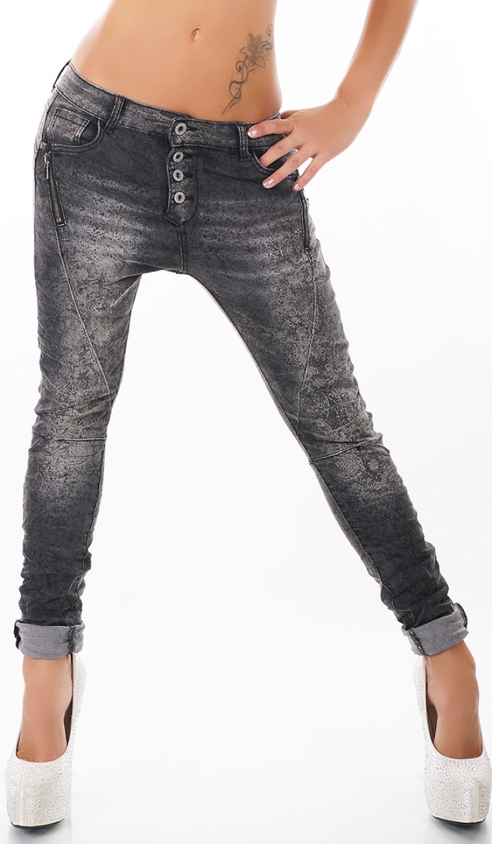 Boyfriend-Jeans mit Knopfleiste und Zier-Zippern in black used