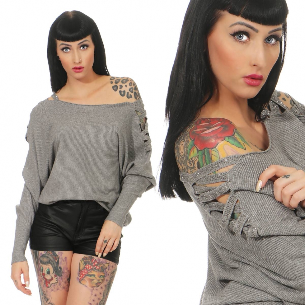 Oversize Rippstrick-Pullover mit Flecht-Verzierung - stone