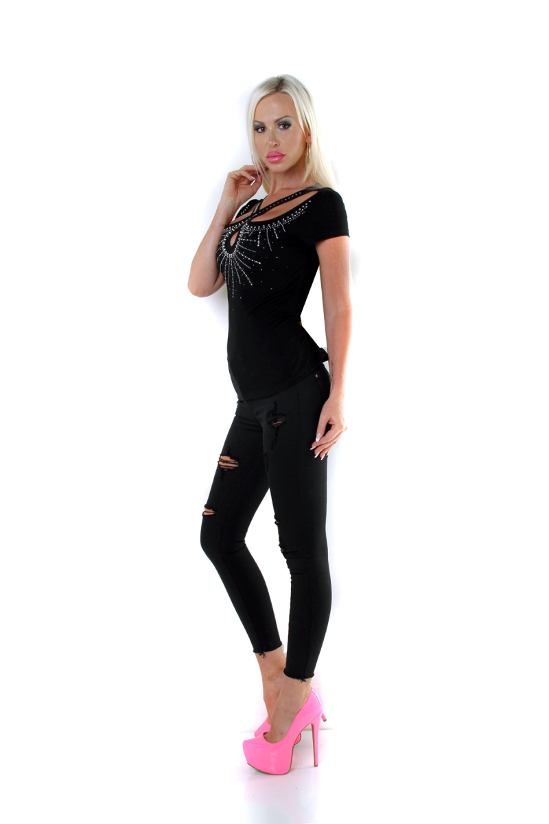 Figurbetontes Shirt mit Cut Out und funkelnder Strass-Applikation - schwarz