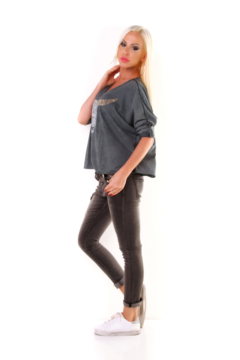 Meliertes Langarmshirt mit Nieten-Verzierung - graphit