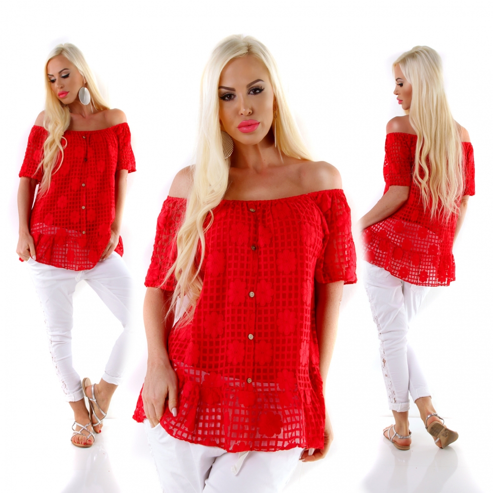 Carmen-Bluse mit süßem Volant-Abschluss - rot