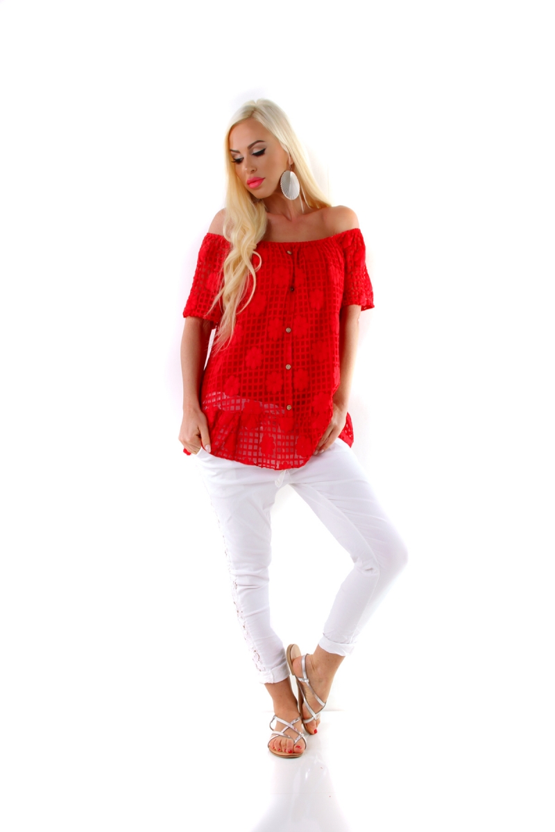 Carmen-Bluse mit süßem Volant-Abschluss - rot