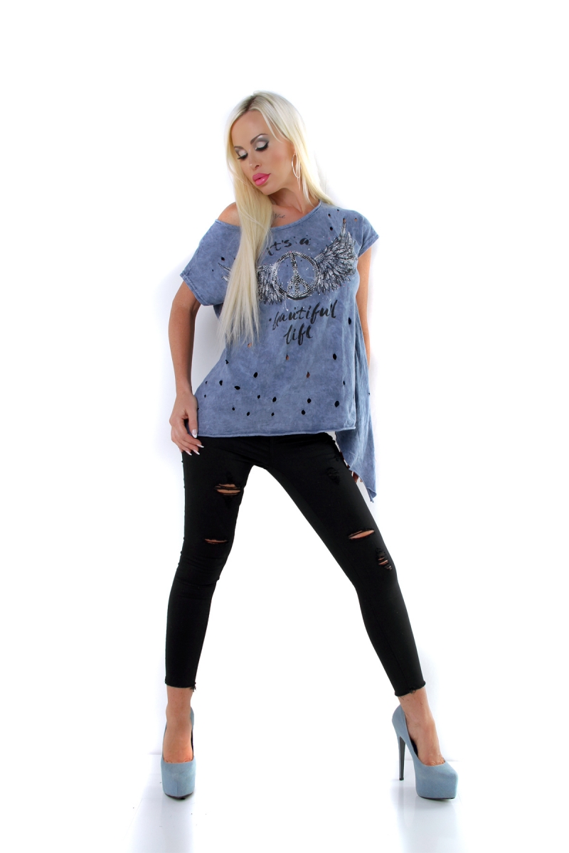Sexy Party Used-Shirt mit zerrissener Rückenpartie - blau