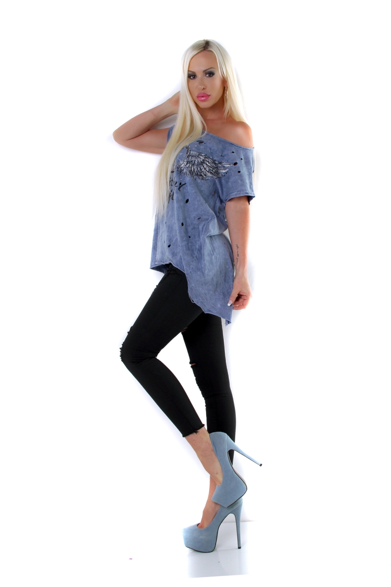 Sexy Party Used-Shirt mit zerrissener Rückenpartie - blau