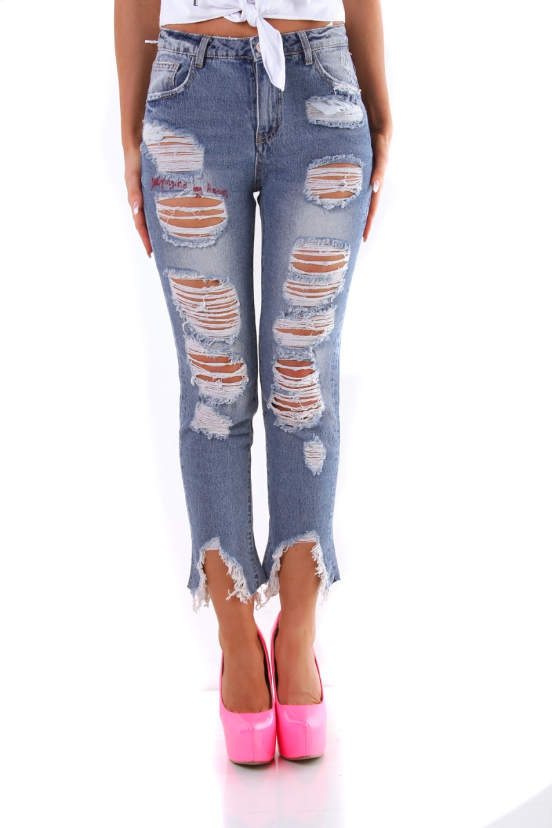 Moderne 7/8 Jeans im Destroyed-Look - light blue