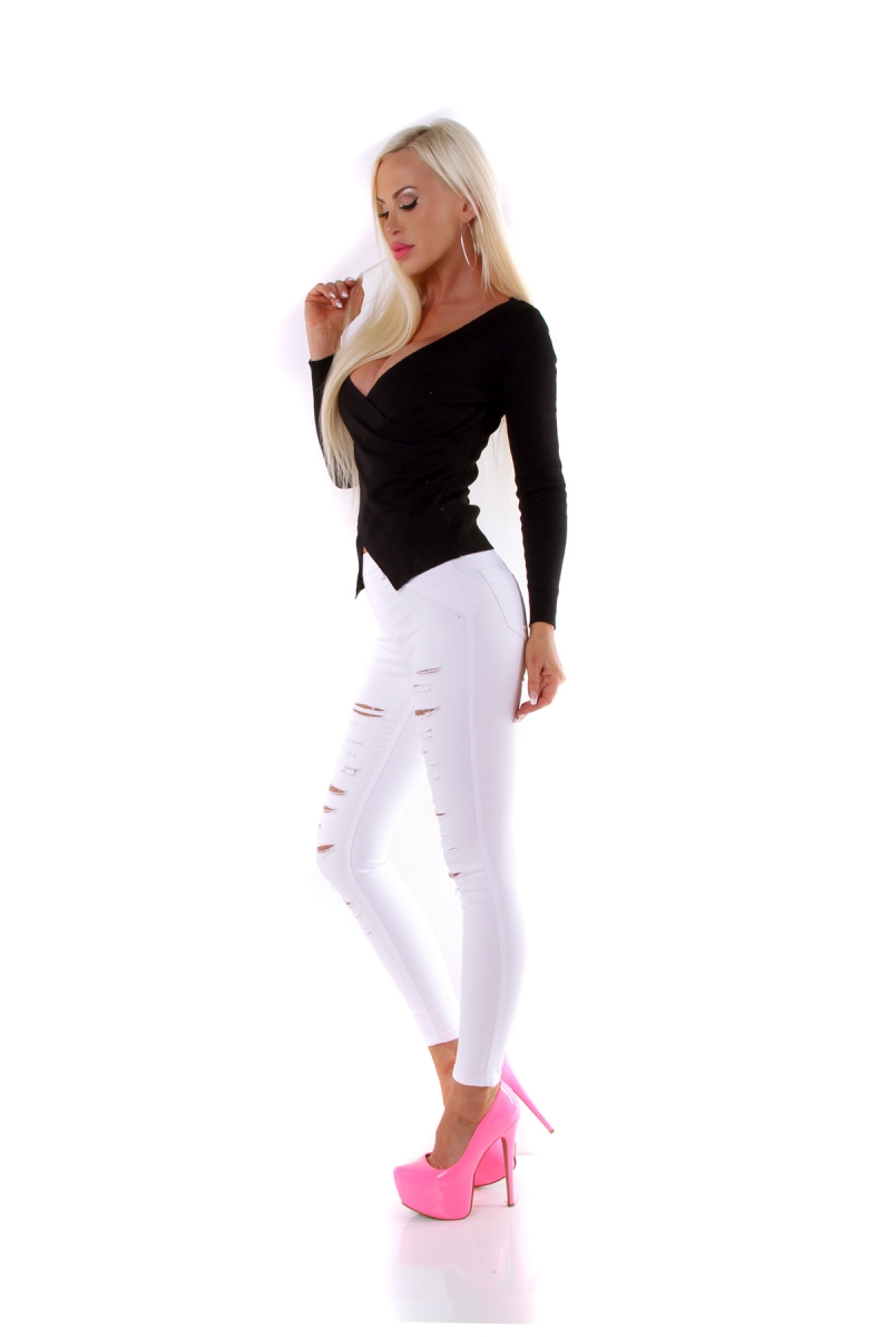 Tailliertes Ripp-Shirt mit Wickel-Optik - schwarz