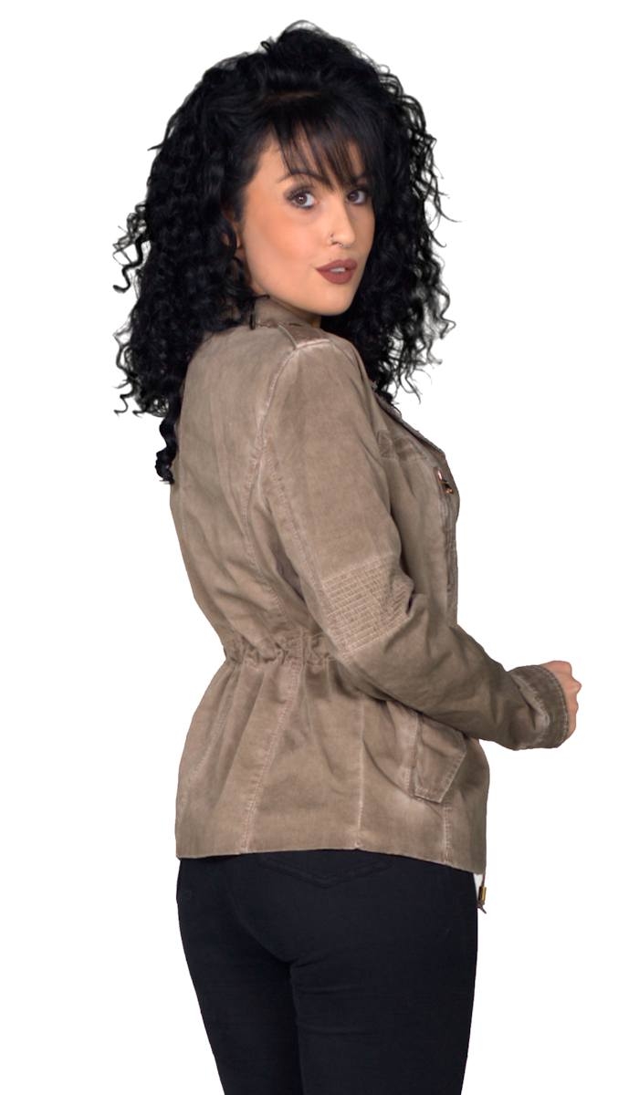 Taillierte Jeansjacke im Vintage-Look mit Tunnelzug-Bändchen - sand