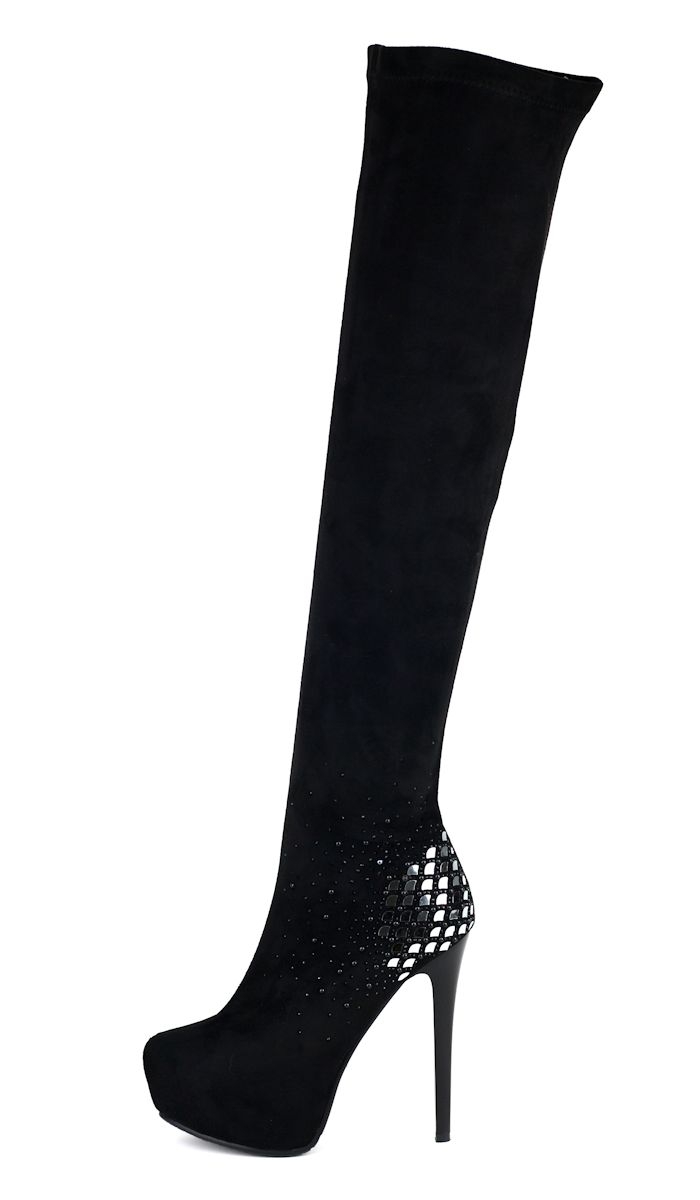 Sexy Overknee-Stiefel mit Schmucksteinchen und Spiegel-Plättchen in schwarz