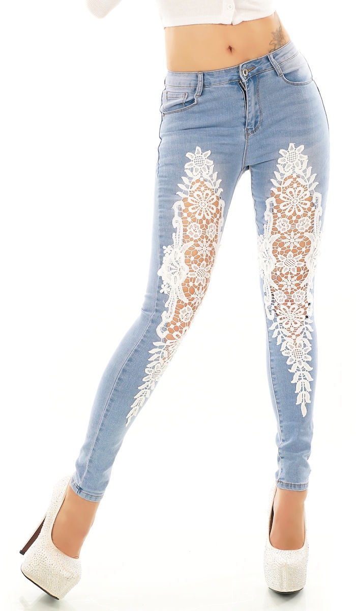 Slim Fit Skinny Jeans mit Spitzeneinsatz in light blue