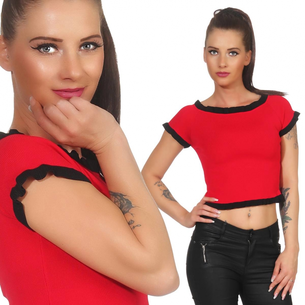 Feinripp-Shirt mit Kontrast-Bordchen - rot