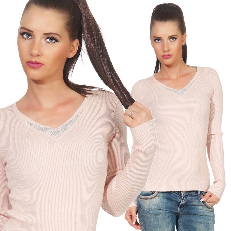 Taillierter Feinstrick-Pullover mit Strass-Verzierung - rosa