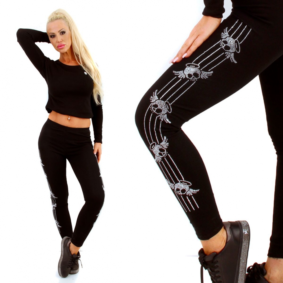 Leggings mit Totenkopf-Bordüre - schwarz