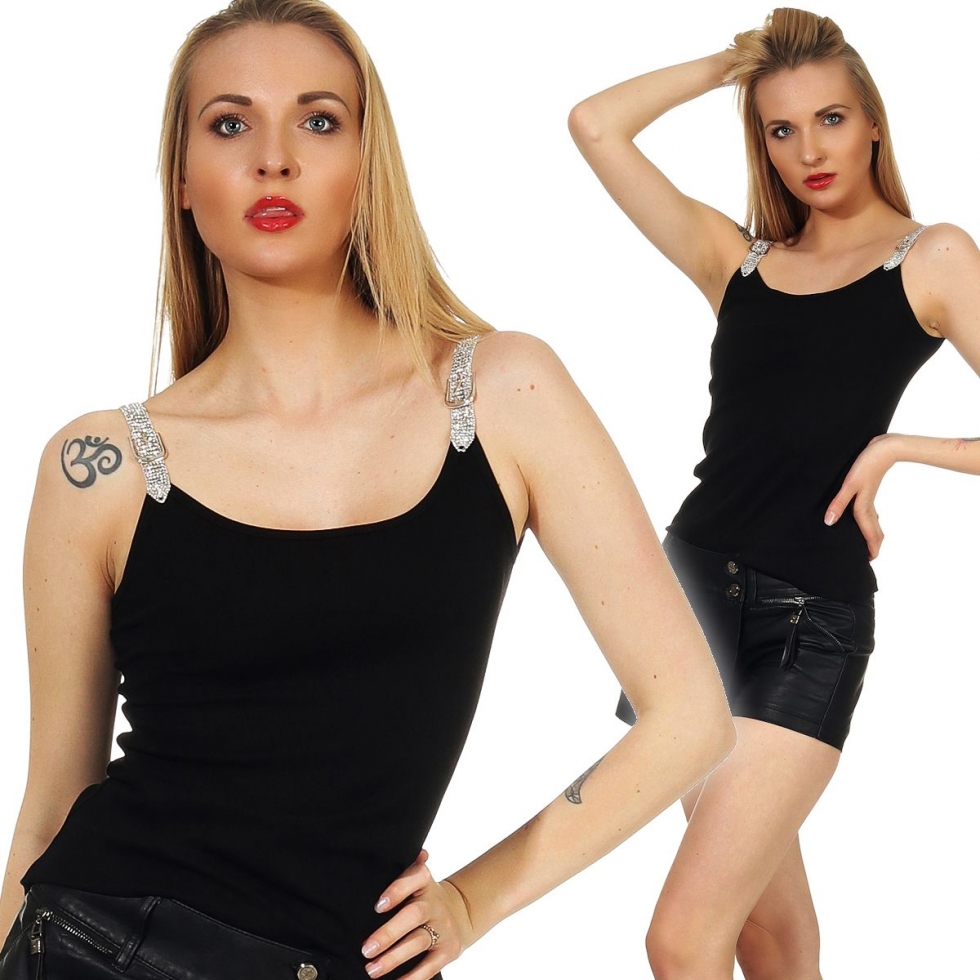 Elegantes Top mit funkelnden Strass-Träger - schwarz