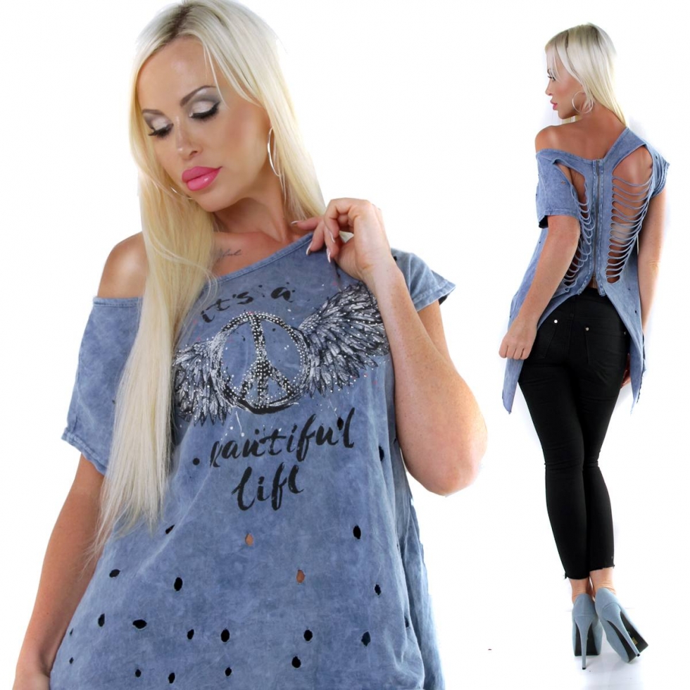 Sexy Party Used-Shirt mit zerrissener Rückenpartie - blau