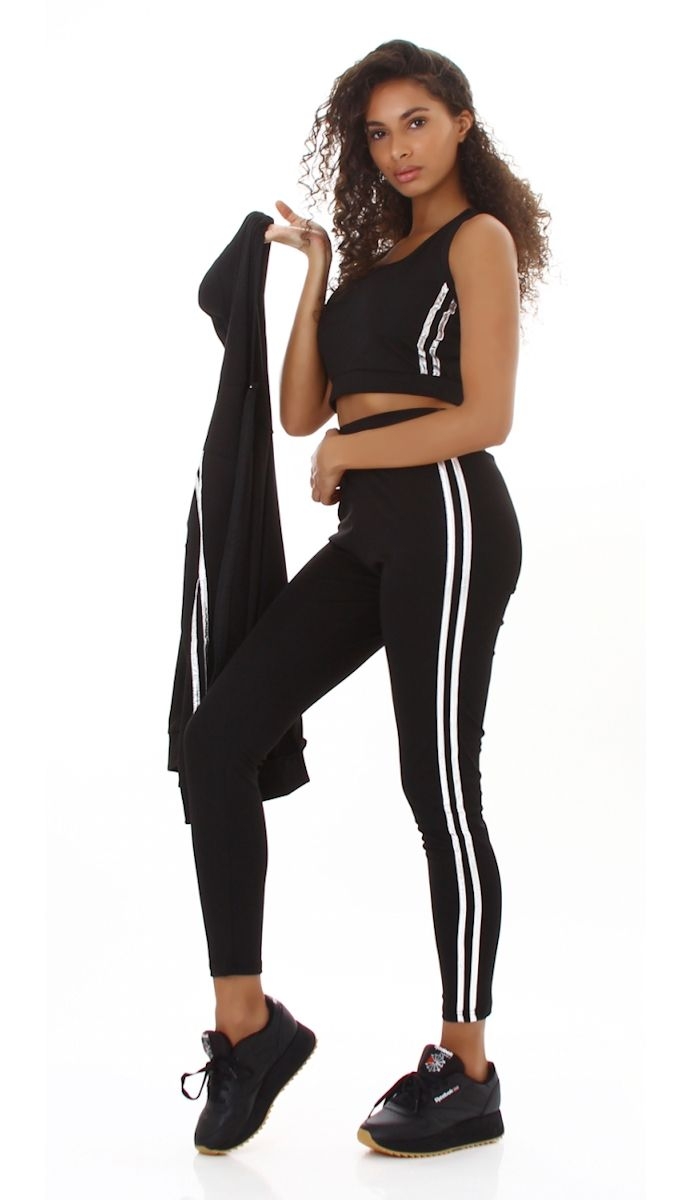 3-teiliges Sportset mit seitlicher Streifenapplikation in schwarz / silber