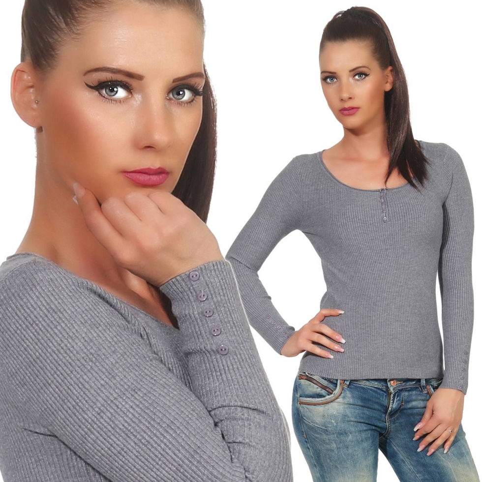 Taillierter Rippstrick-Pullover mit kurzer Knopfleiste - stone