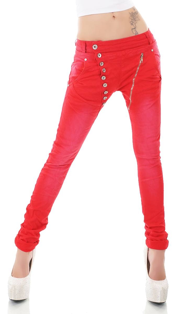 Crash-Jeans mit diagonaler Knopfleiste in rot