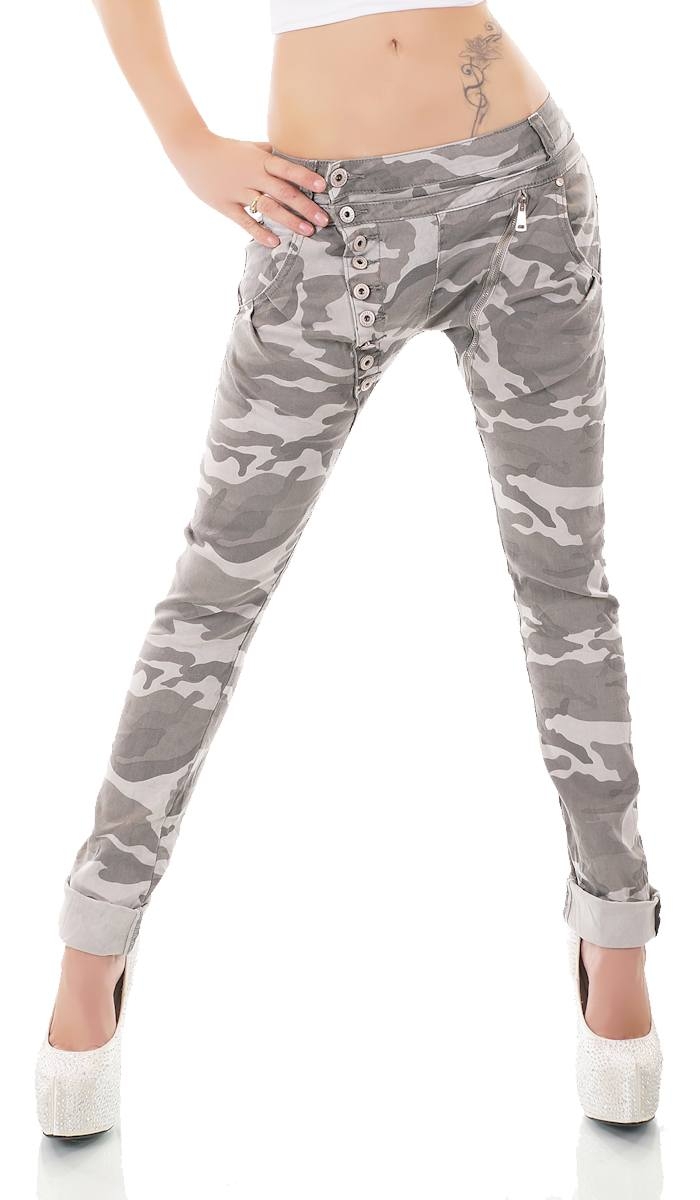Crash-Jeans mit diagonaler Knopfleiste in camouflage