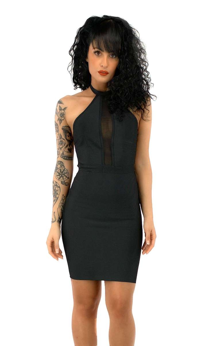 Stretch-Minikleid mit sexy Mesh-Einsatz und eleganter Rückenschnürung in schwarz