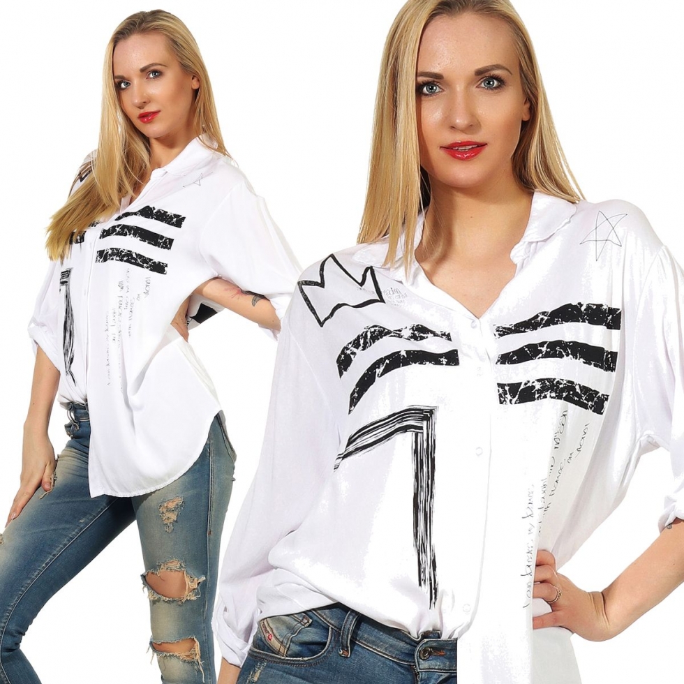 Legere Long-Bluse mit modischen Schriftprints - weiß