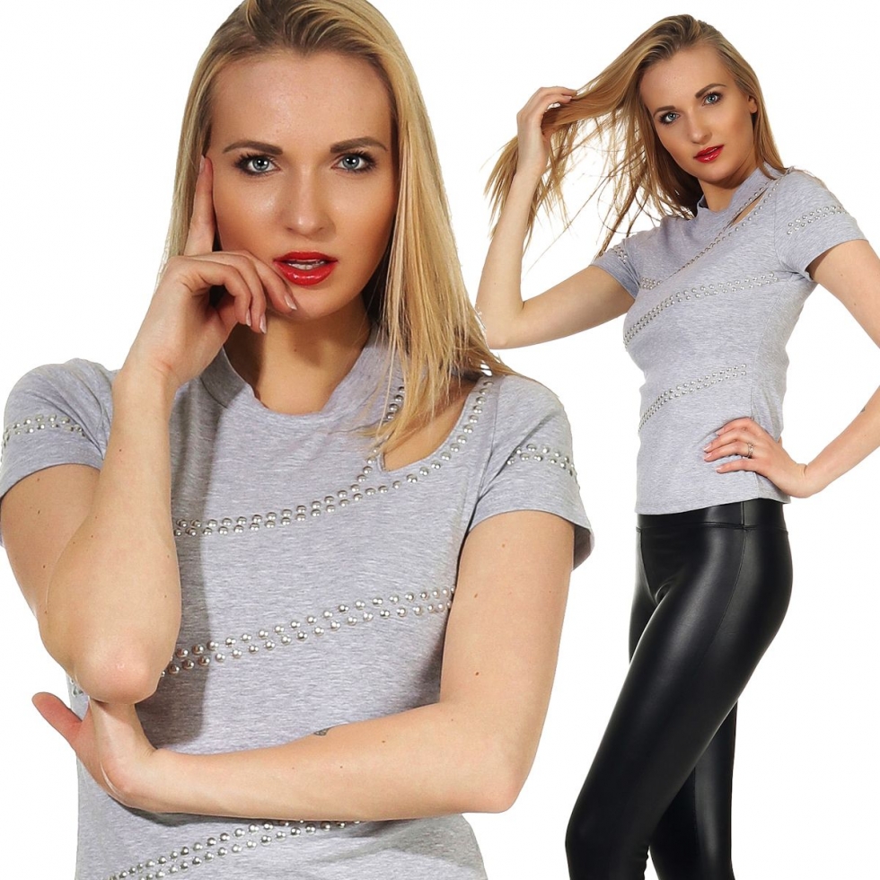 Figurbetontes Shirt mit Schulter Cut Out und Nieten-Verzierungen - stone
