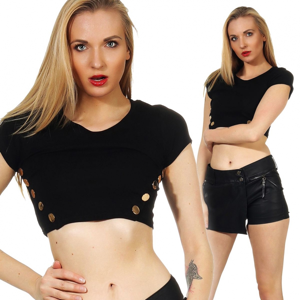 Bauchfreies Shirt mit modischen Deko-Knöpfen - schwarz