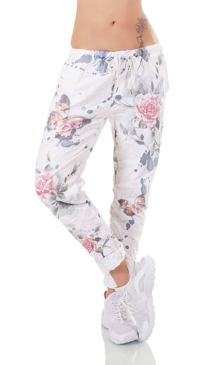 Atemberaubende Baumwollhose mit süssen Flower-Prints in weiß