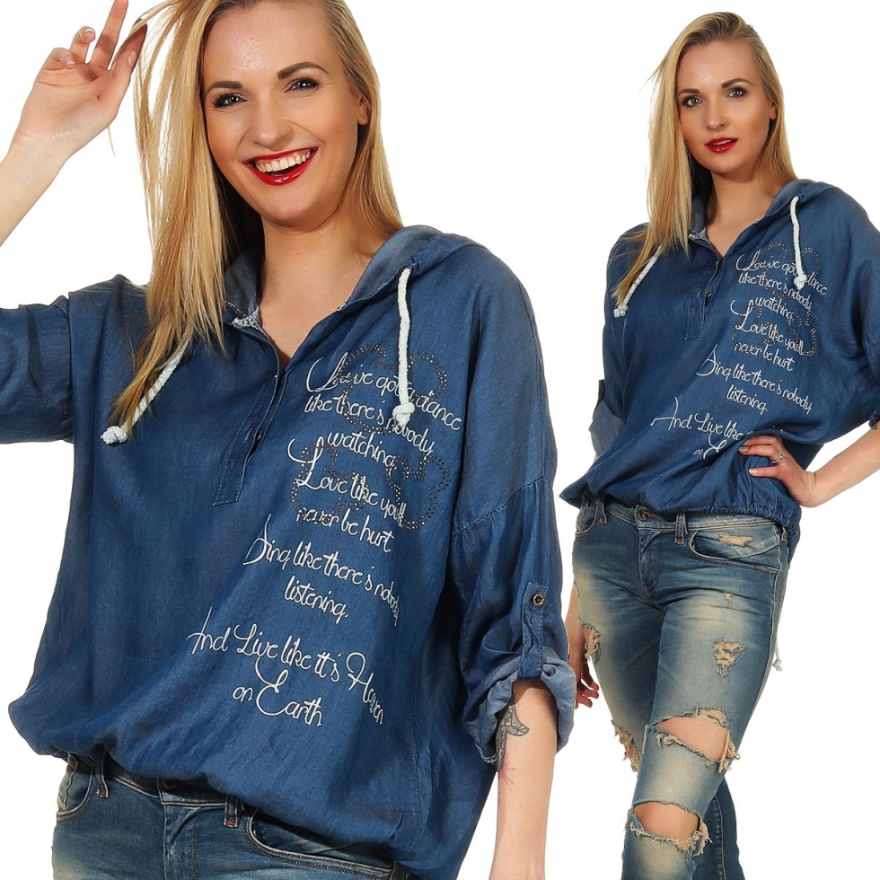 Moderne Shirt mit Kapuze und verzierten Schrift-Print - dark blue