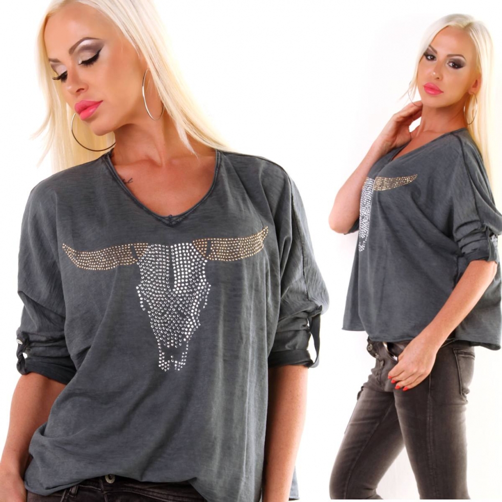 Meliertes Langarmshirt mit Nieten-Verzierung - graphit