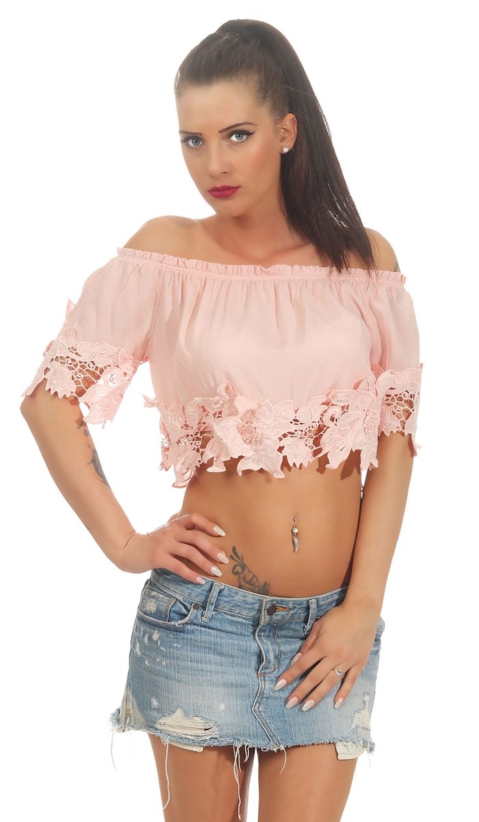 Carmen-Shirt mit süsser Blumen-Bordüre in rosa